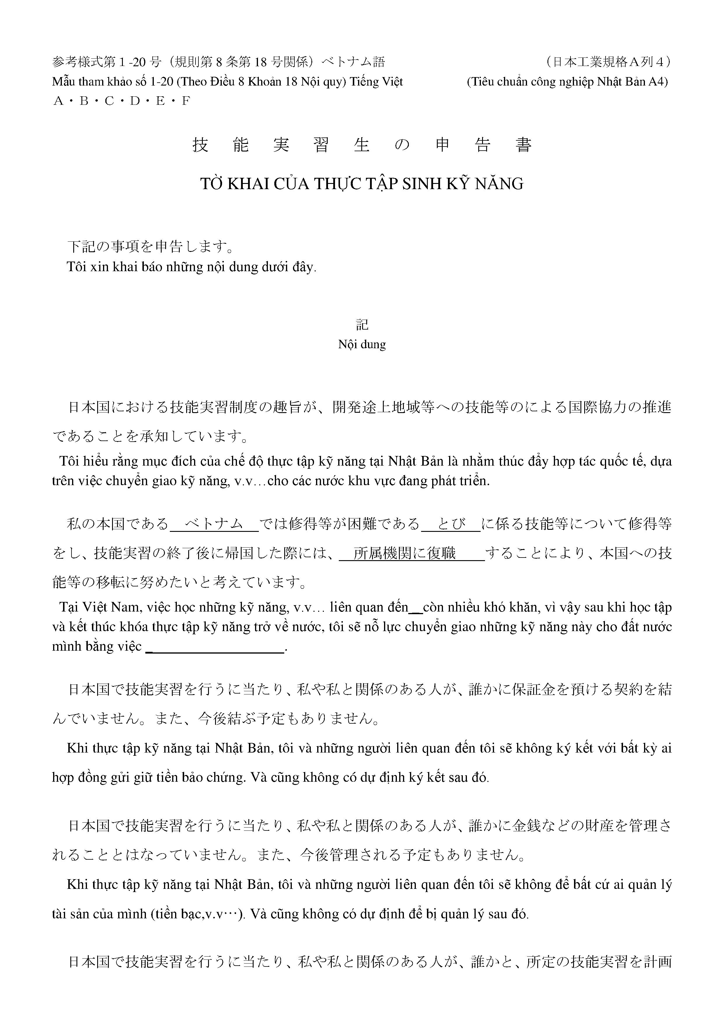技能実習生の申告書